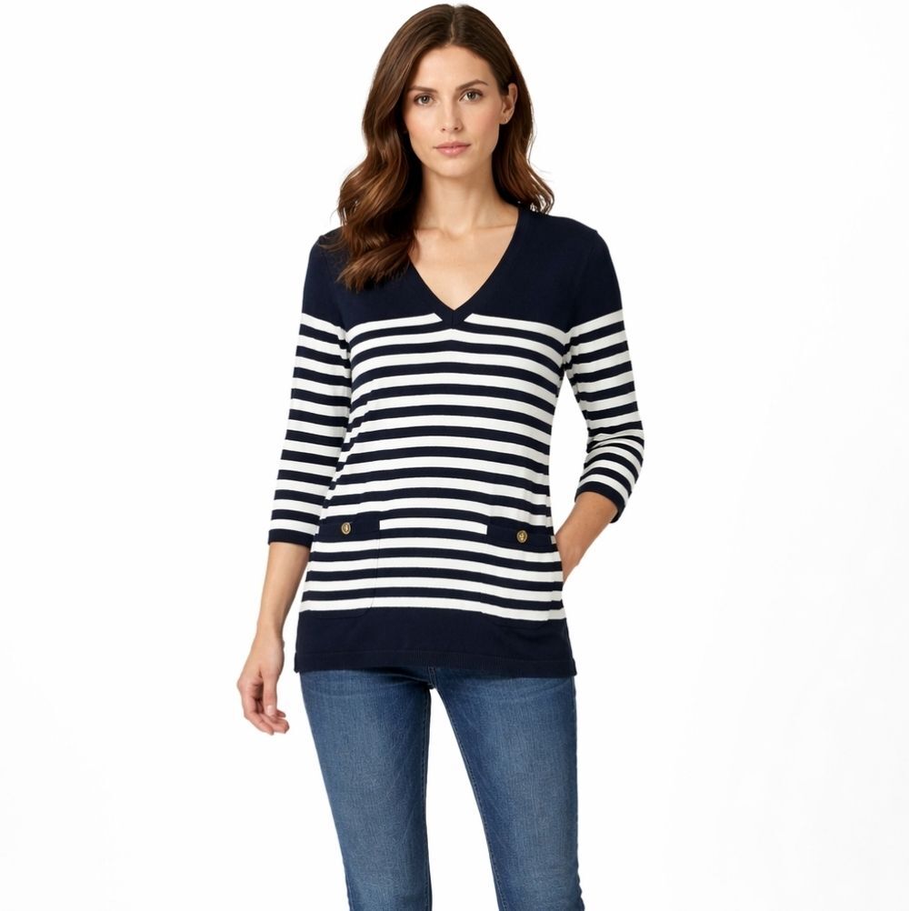 Lauren Ralph Lauren Navy Striped V-Neck Blouse Gold Anchor Button Medium